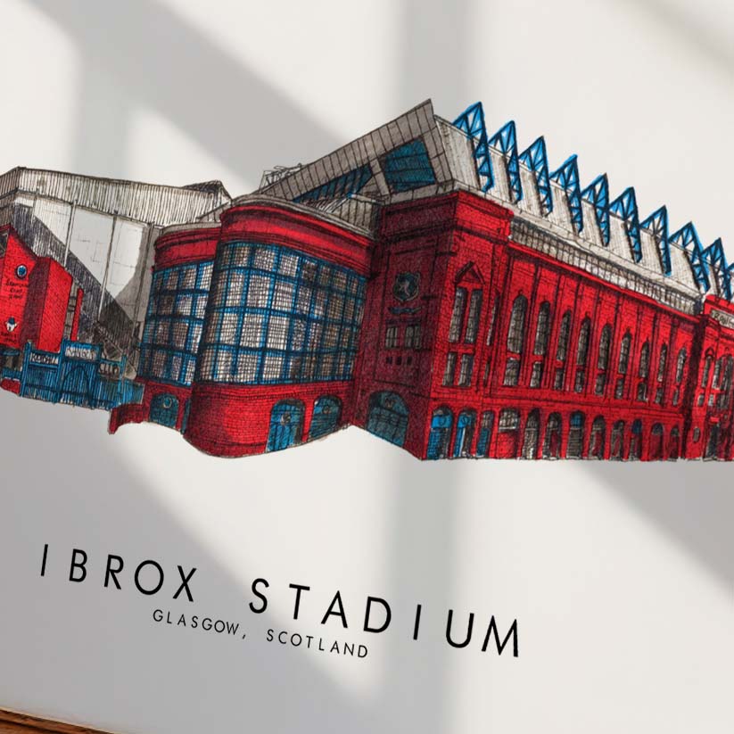 A stylized illustration of Ibrox Stadium in Glasgow, Scotland, shown on a white surface with the text 'IBROX STADIUM' and 'GLASGOW, SCOTLAND' printed below. The stadium is depicted in red, blue, gray, and black tones, with soft shadows cast across the scene.