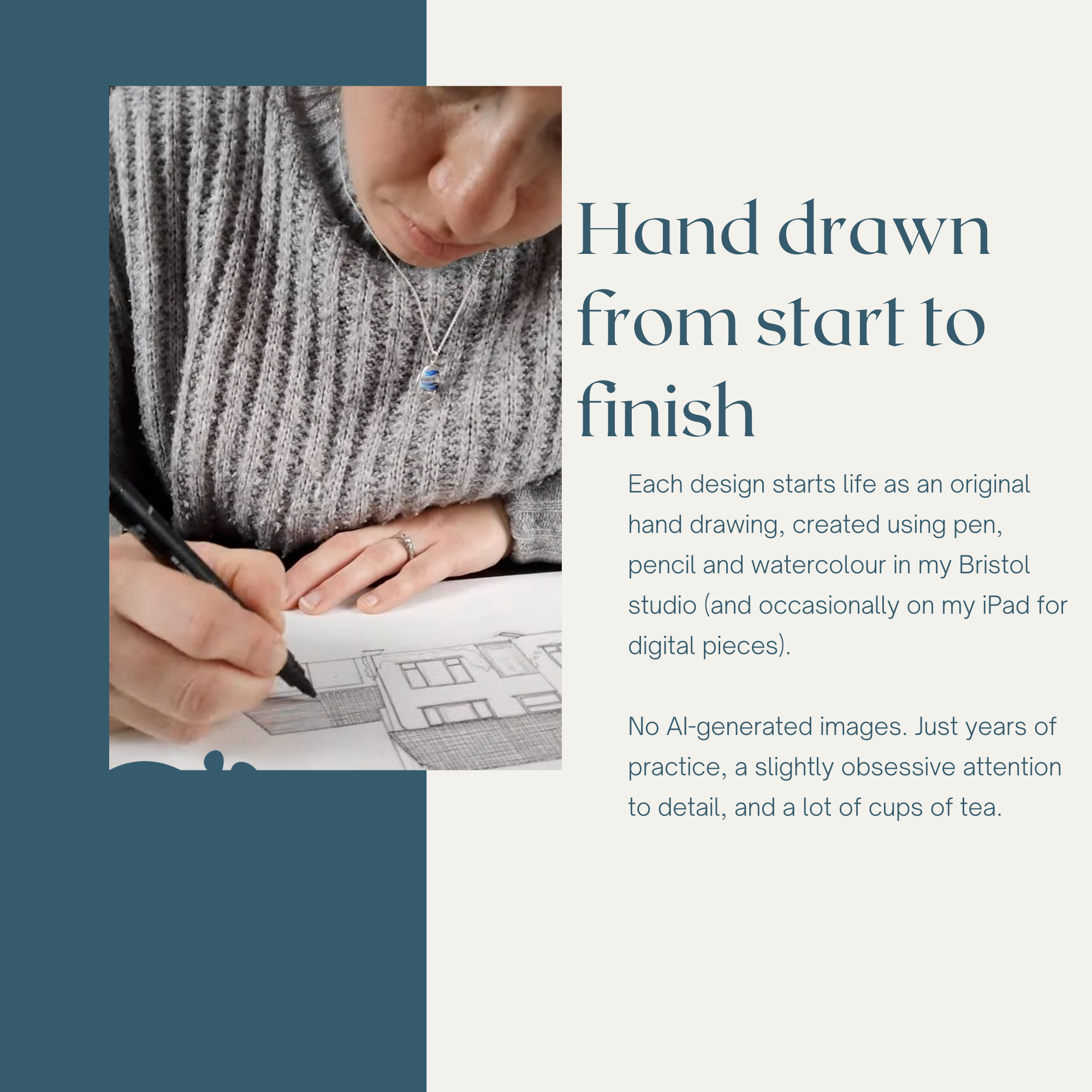 A promotional graphic with a photo of a person drawing on paper and text that reads, 'Hand drawn from start to finish,' with additional descriptive copy about hand-drawn artwork created in a Bristol studio.