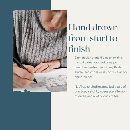 A promotional graphic with a photo of a person drawing on paper and text that reads, 'Hand drawn from start to finish,' with additional descriptive copy about hand-drawn artwork created in a Bristol studio.